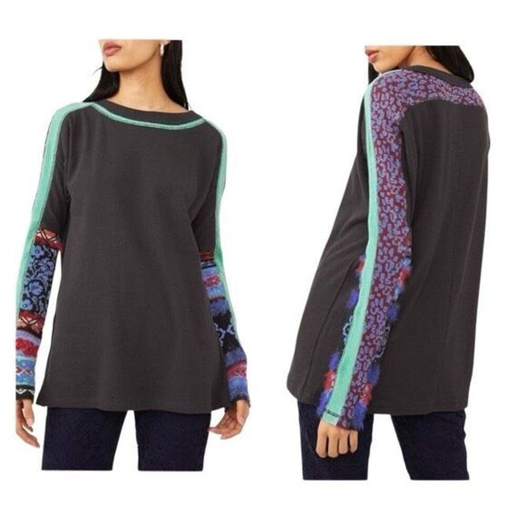 Free People On My Way Cuffed Black Mixed Weave Top Sz S, Boho, Lagenlook - Picture 1 of 16